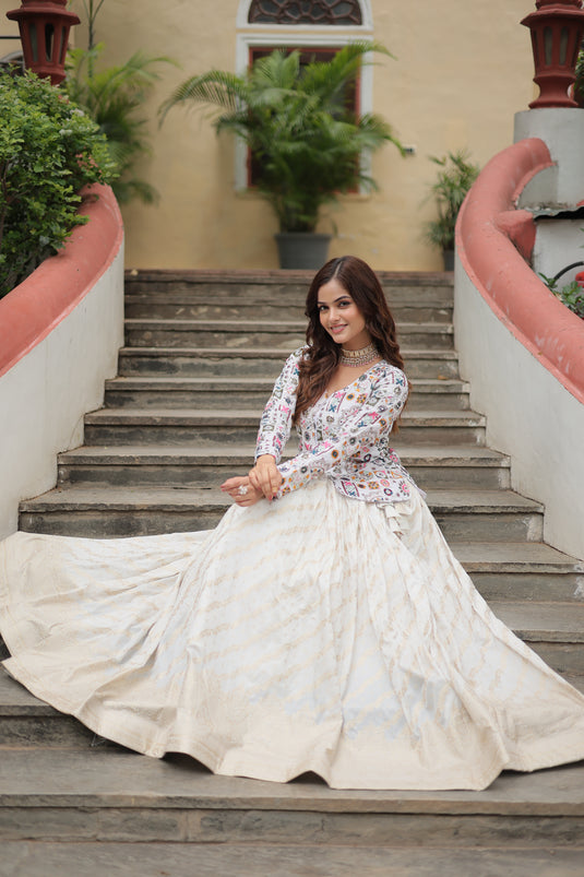 White Stunning Heavy Thread Sequins Embroidered With Hand Work Lehenga Choli