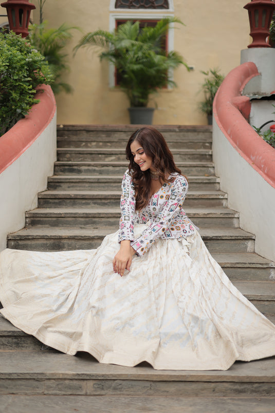 White Stunning Heavy Thread Sequins Embroidered With Hand Work Lehenga Choli