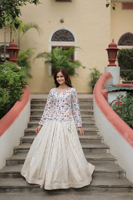 White Stunning Heavy Thread Sequins Embroidered With Hand Work Lehenga Choli