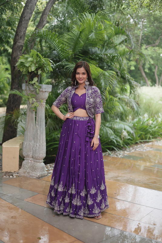 Purple Stunning Heavy Thread Sequins Embroidered With Hand Work Lehenga Choli