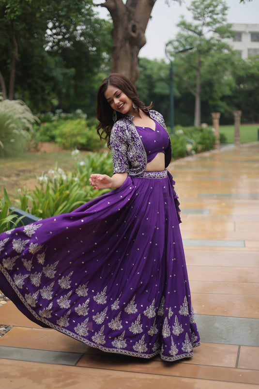 Purple Stunning Heavy Thread Sequins Embroidered With Hand Work Lehenga Choli