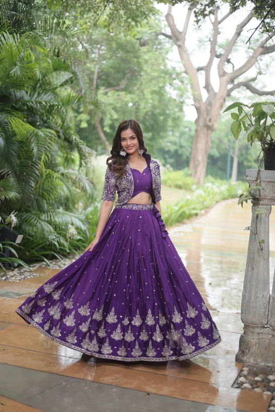 Purple Stunning Heavy Thread Sequins Embroidered With Hand Work Lehenga Choli