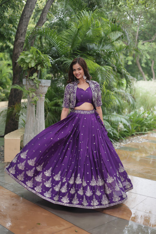 Purple Stunning Heavy Thread Sequins Embroidered With Hand Work Lehenga Choli