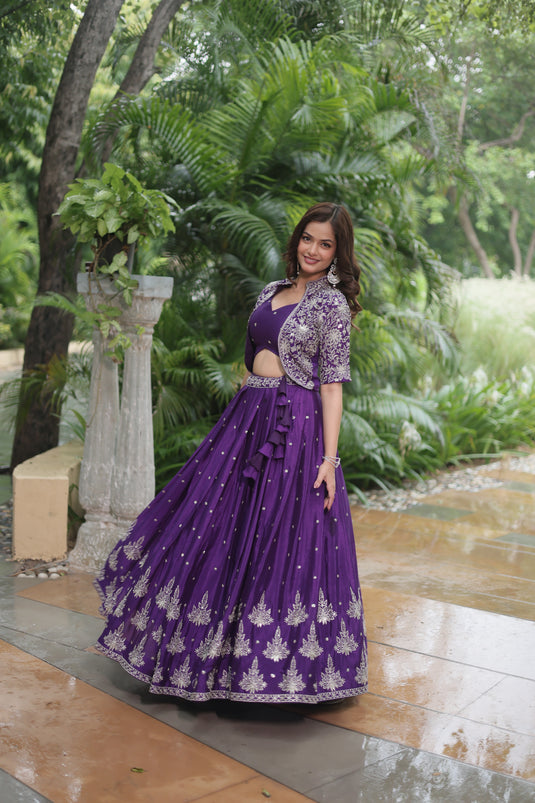 Purple Stunning Heavy Thread Sequins Embroidered With Hand Work Lehenga Choli