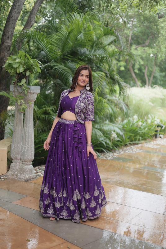 Purple Stunning Heavy Thread Sequins Embroidered With Hand Work Lehenga Choli