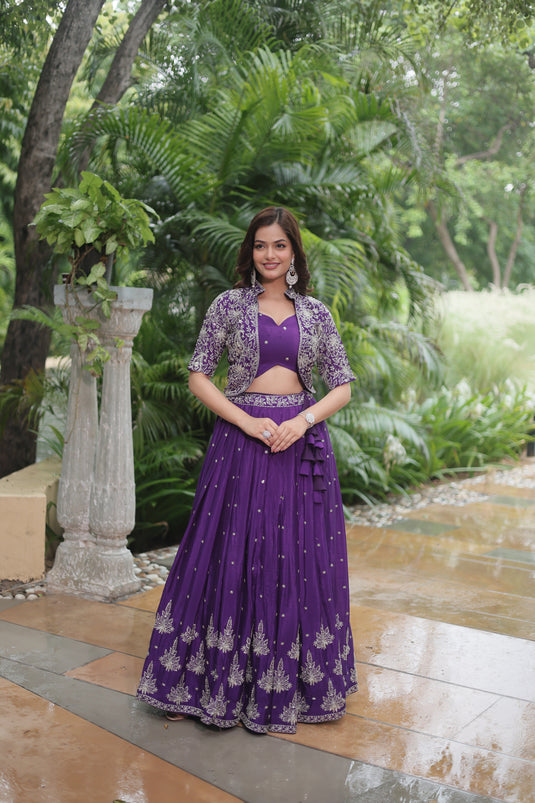 Purple Stunning Heavy Thread Sequins Embroidered With Hand Work Lehenga Choli