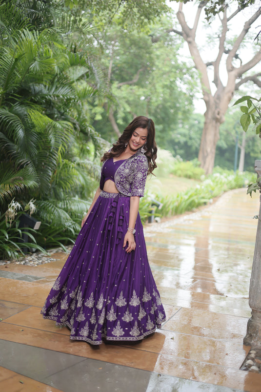 Purple Stunning Heavy Thread Sequins Embroidered With Hand Work Lehenga Choli