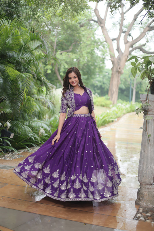 Purple Stunning Heavy Thread Sequins Embroidered With Hand Work Lehenga Choli