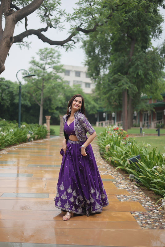 Purple Stunning Heavy Thread Sequins Embroidered With Hand Work Lehenga Choli