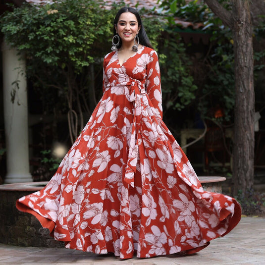 Orange Printed Anarkali Gown With Pant & Dupatta Set