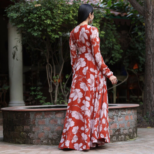 Orange Printed Anarkali Gown With Pant & Dupatta Set