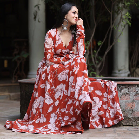 Orange Printed Anarkali Gown With Pant & Dupatta Set