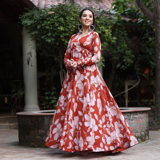 Orange Printed Anarkali Gown With Pant & Dupatta Set