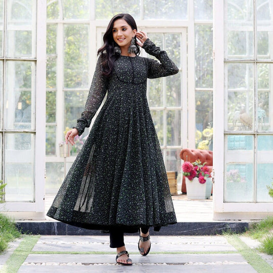 Black Printed Anarkali Gown With Pant & Dupatta Set