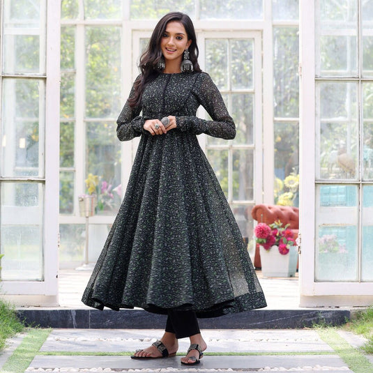 Black Printed Anarkali Gown With Pant & Dupatta Set