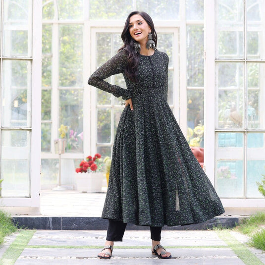 Black Printed Anarkali Gown With Pant & Dupatta Set