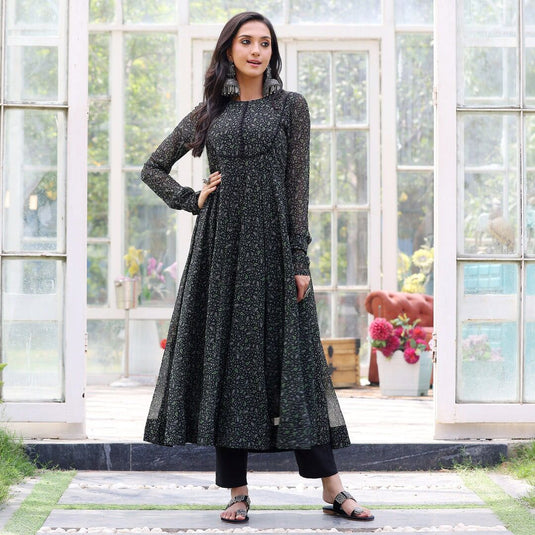 Black Printed Anarkali Gown With Pant & Dupatta Set