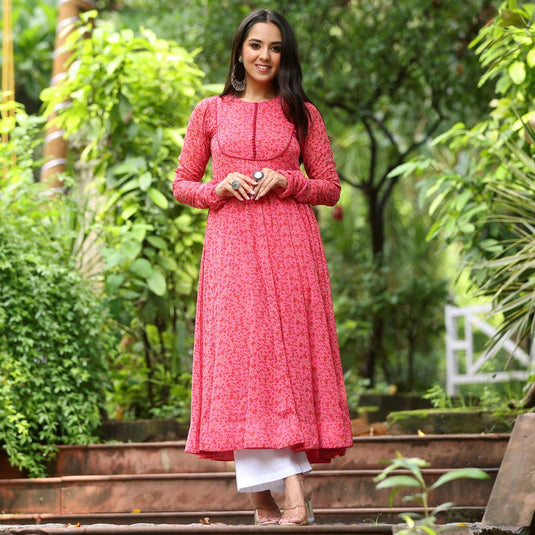 Pink Printed Anarkali Gown With Pant & Dupatta Set