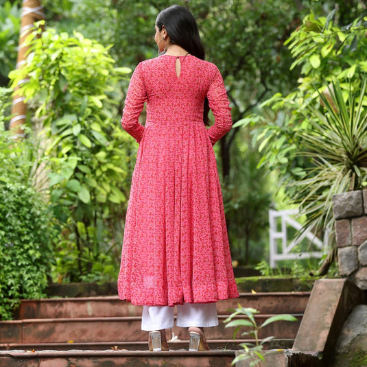 Pink Printed Anarkali Gown With Pant & Dupatta Set