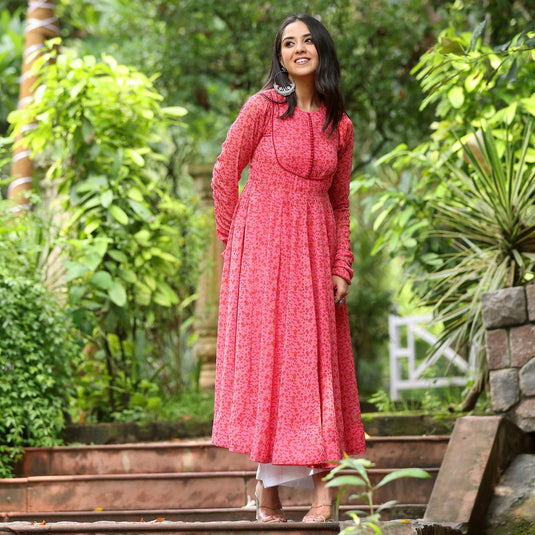 Pink Printed Anarkali Gown With Pant & Dupatta Set