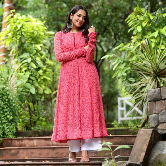 Pink Printed Anarkali Gown With Pant & Dupatta Set