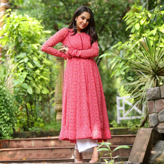 Pink Printed Anarkali Gown With Pant & Dupatta Set