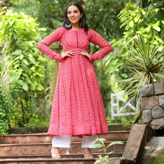 Pink Printed Anarkali Gown With Pant & Dupatta Set