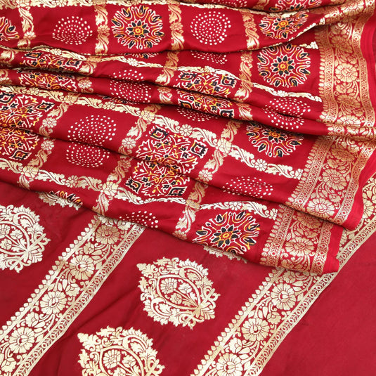 Maroon Ajrakh Gharchola Hand Block Pure Modal Silk Saree With Fancy Zari Pallu