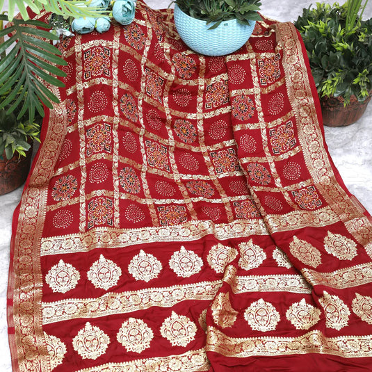 Maroon Ajrakh Gharchola Hand Block Pure Modal Silk Saree With Fancy Zari Pallu