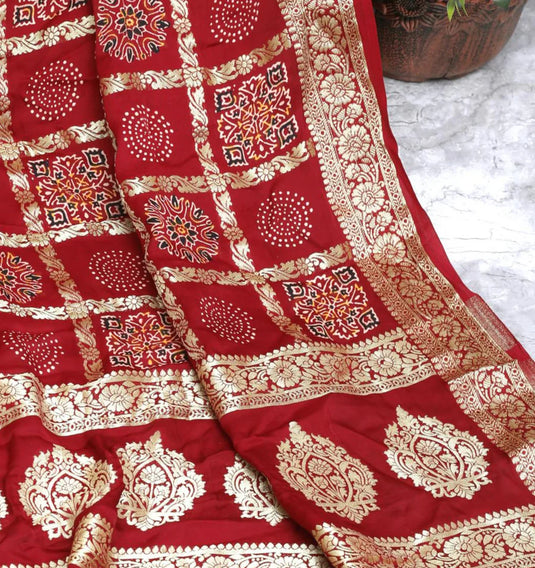 Maroon Ajrakh Gharchola Hand Block Pure Modal Silk Saree With Fancy Zari Pallu