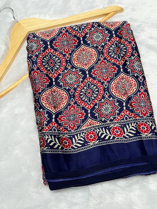 Blue Ajrakh Printed Soft Modal Silk Natural Print Saree P2