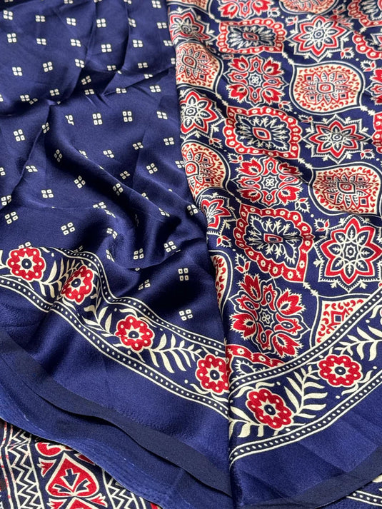 Blue Ajrakh Printed Soft Modal Silk Natural Print Saree P2