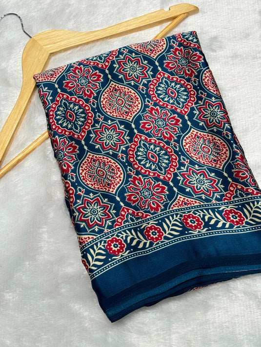 Indigo Morpich Ajrakh Printed Soft Modal Silk Natural Print Saree P2