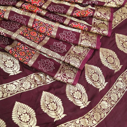 Wine Ajrakh Gharchola Hand Block Pure Modal Silk Saree With Fancy Zari Pallu