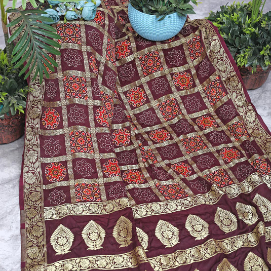 Wine Ajrakh Gharchola Hand Block Pure Modal Silk Saree With Fancy Zari Pallu