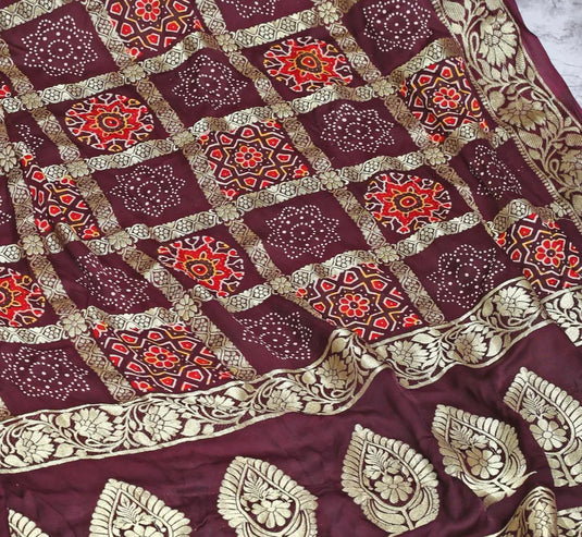 Wine Ajrakh Gharchola Hand Block Pure Modal Silk Saree With Fancy Zari Pallu